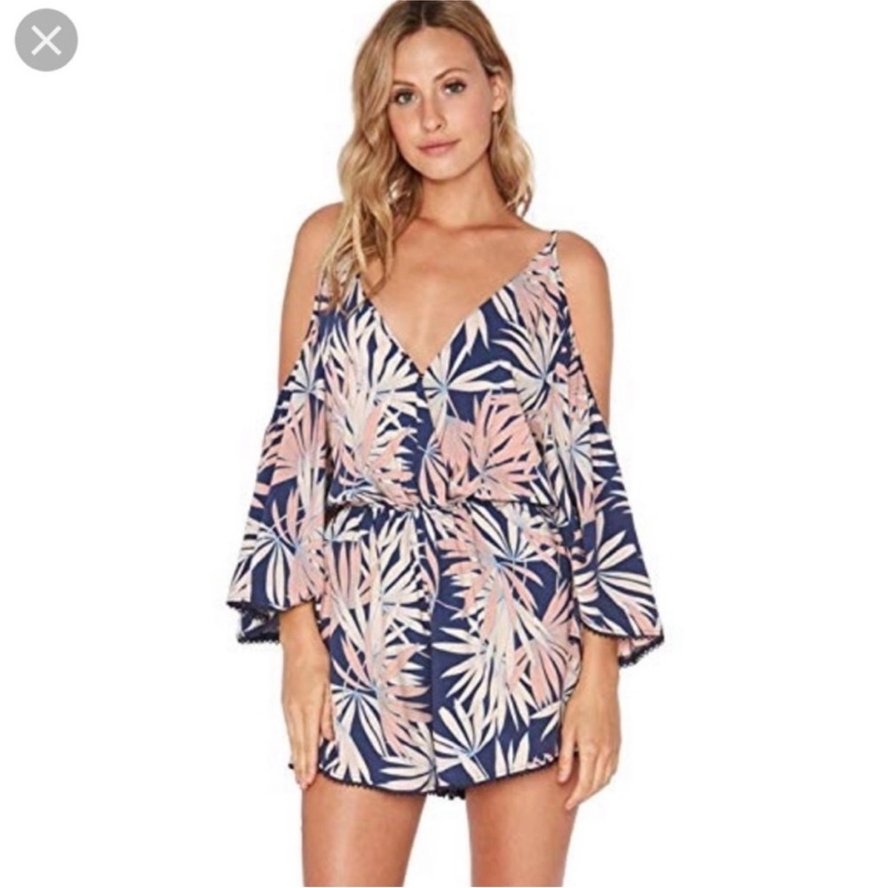 L*Space Beach Cold Shoulder Palm Tree Pink and Navy Leaf Print Romper sz M